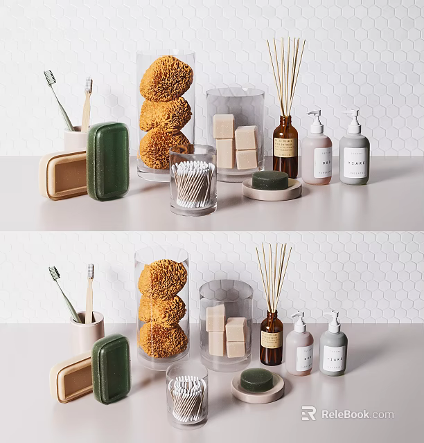 Modern Bathroom Accessories Featuring Toothbrushes Soap Bars Diffuser Bottles And Hexagon Tiles 3d model 