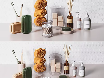 Modern Bathroom Accessories Featuring Toothbrushes Soap Bars Diffuser Bottles And Hexagon Tiles 3d model