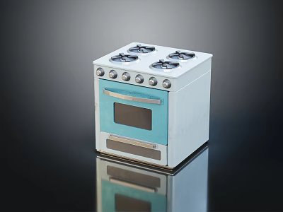 Stylish Kitchen Appliance Four Burner Stove Oven With Blue Door Glass Window And Control Knobs 3d model