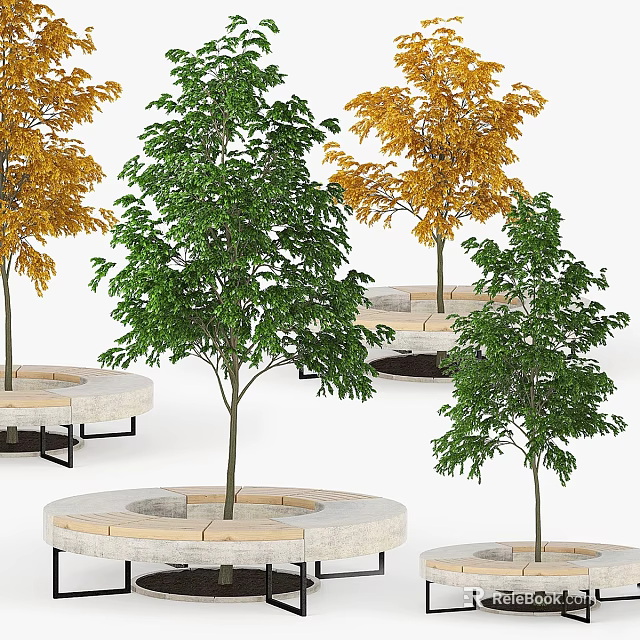 Decorative Ornament Set With Green Yellow Trees And Round Stone Bases For Indoor Outdoor Decoration 3d model 