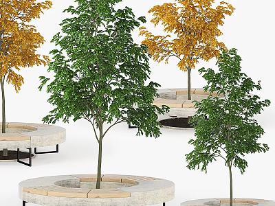 Decorative Ornament Set With Green Yellow Trees And Round Stone Bases For Indoor Outdoor Decoration 3d model