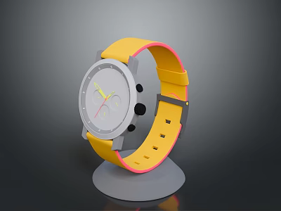 Modern Daily Life Watch With Yellow Strap Pink Trim And White Dial On Stand 3d model