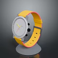 Modern Daily Life Watch With Yellow Strap Pink Trim And White Dial On Stand