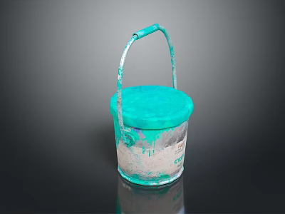 Turquoise Metal Paint Bucket With Handle And Dried Paint Stains 3d model