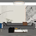 Modern Living Room Interior Design With Gray Sofa And Marble Accent Wall And Crystal Chandelier