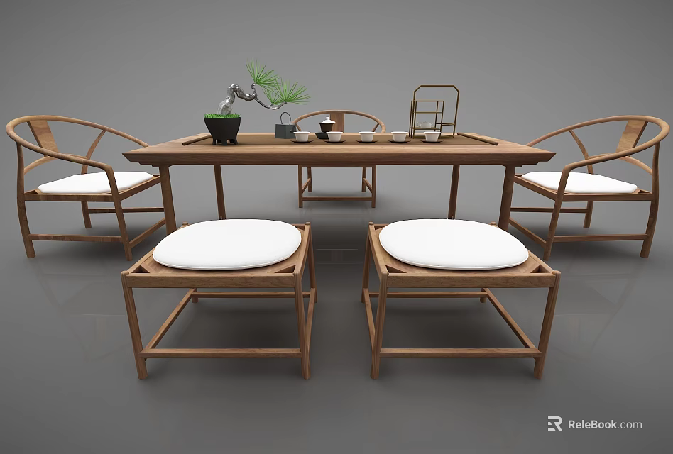 Traditional Wooden Tea Table And Chairs With Tea Set Green Plant And Tray 3d model 