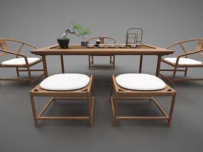Traditional Wooden Tea Table And Chairs With Tea Set Green Plant And Tray 3d model