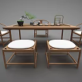 Traditional Wooden Tea Table And Chairs With Tea Set Green Plant And Tray