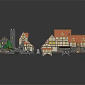 Cartoon Scene With Colorful Houses Tower Trees Road And Street Lamps