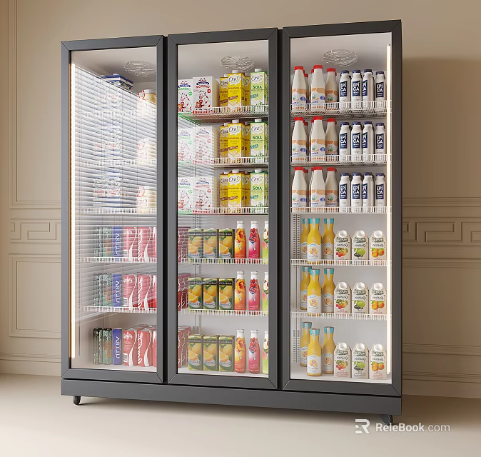 Double Door Glass Door Refrigerator Stocked With Milk Juice Bottled And Canned Drinks 3d model 