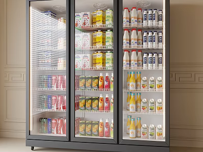 Double Door Glass Door Refrigerator Stocked With Milk Juice Bottled And Canned Drinks 3d model