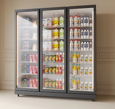 Double Door Glass Door Refrigerator Stocked With Milk Juice Bottled And Canned Drinks 3d model