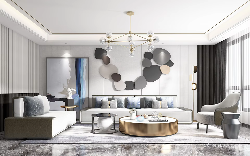 Modern Living Room Interior Design With Gold Chandelier Round Coffee Table And Geometric Wall Decorations 3d model 