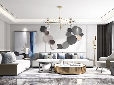 Modern Living Room Interior Design With Gold Chandelier Round Coffee Table And Geometric Wall Decorations 3d model