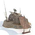 Rustic Small Outdoor Base With Antennas Satellite Dish And Canvas Awning 3d model