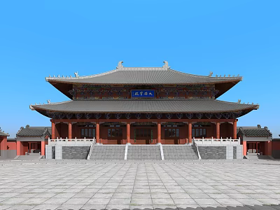 Ancient Chinese Architecture Featuring Multi Tiered Roof Overhanging Eaves Red Pillars and Stone Steps 3d model