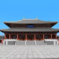 Ancient Chinese Architecture Featuring Multi Tiered Roof Overhanging Eaves Red Pillars and Stone Steps