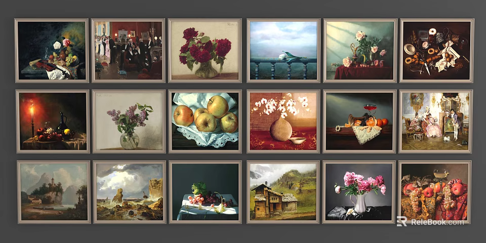 Collection of Various Theme Oil Paintings Including Floral Landscape and Still Life 3d model 