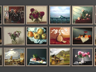 Collection of Various Theme Oil Paintings Including Floral Landscape and Still Life 3d model