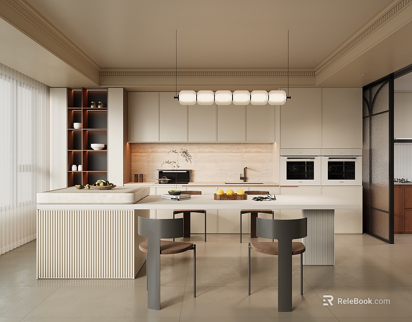 Modern Kitchen Interior Design With White Cabinets Island Counter Hanging Pendant Lights And Chairs 3d model 