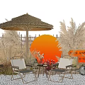 Cozy Outdoor Patio With Thatched Umbrella White Chairs Orange Sphere And Pampas Grass