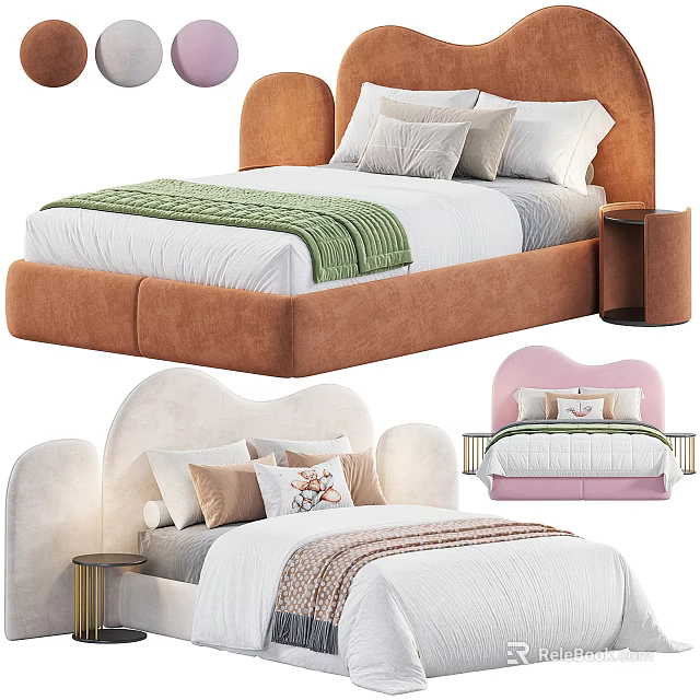 Modern Double Bed Collection With Upholstered Headboards Decorative Pillows And Throw Blankets 3d model 