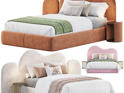 Modern Double Bed Collection With Upholstered Headboards Decorative Pillows And Throw Blankets 3d model