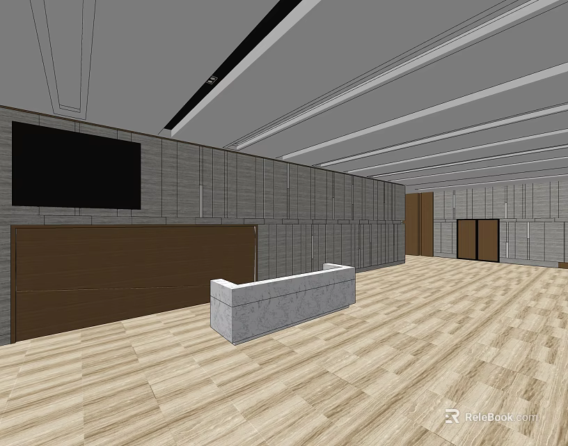 Modern Front Desk Reception Area With Gray Wall Wooden Flooring And Black Screen 3d model 