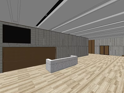 Modern Front Desk Reception Area With Gray Wall Wooden Flooring And Black Screen 3d model