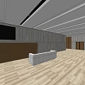 Modern Front Desk Reception Area With Gray Wall Wooden Flooring And Black Screen