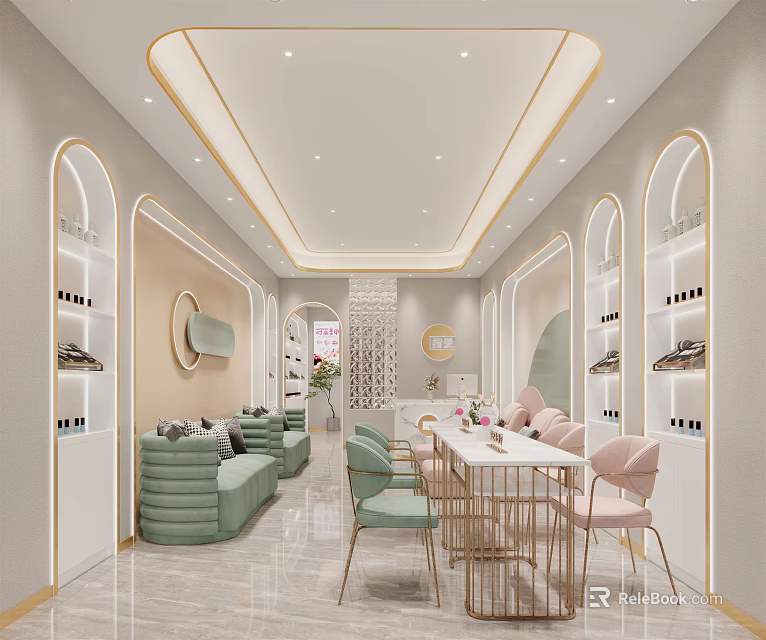 Modern Elegant Beauty Hair Salon Interior With Arched Doorways Green Sofas Pink Chairs Display Shelves 3d model 