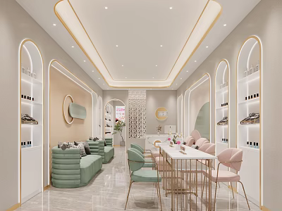 Modern Elegant Beauty Hair Salon Interior With Arched Doorways Green Sofas Pink Chairs Display Shelves 3d model