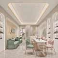 Modern Elegant Beauty Hair Salon Interior With Arched Doorways Green Sofas Pink Chairs Display Shelves