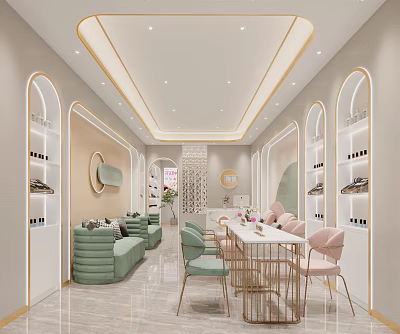 Modern Elegant Beauty Hair Salon Interior With Arched Doorways Green Sofas Pink Chairs Display Shelves 3d model