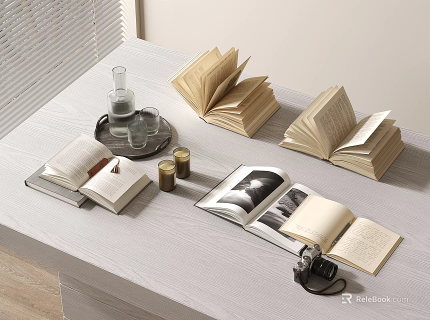 Open Books On White Table With Vintage Camera Glasses Bottle And Candles 3d model 