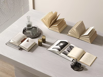 Open Books On White Table With Vintage Camera Glasses Bottle And Candles 3d model