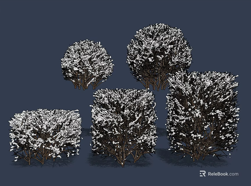 Five Snow Covered Bushes in Various Shapes Against Dark Background 3d model 