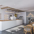 Modern Café Interior Featuring Wooden Counter Open Shelves Neon Coffee Cup Sign And Pendant Lights