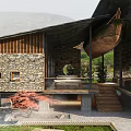 Rustic Modern Boutique Guesthouse With Stone Walls Wooden Structure And Sloped Roof Courtyard Greenery