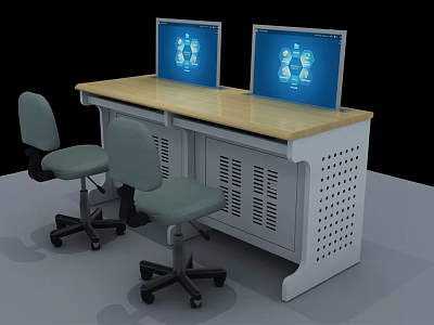 Wooden Top Desk With Two Monitors White Cabinets Perforated Design And Gray Office Chairs 3d model