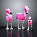 Three Pixelated Pink Flamingos Standing Together On Smooth Gray Surface 3d model