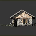 Rustic Wooden Cabin With Stone Walls Corrugated Metal Roof Wooden Framed Window And Greenery Rocks