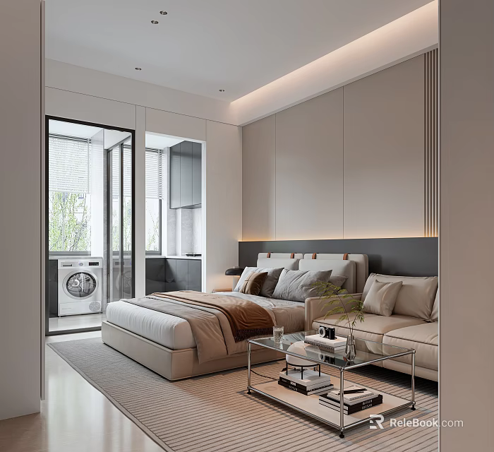 Modern Apartment Interior With Bed Sofa And Glass Coffee Table 3d model 