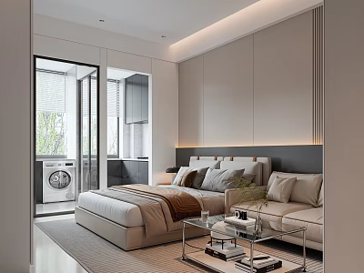 Modern Apartment Interior With Bed Sofa And Glass Coffee Table 3d model