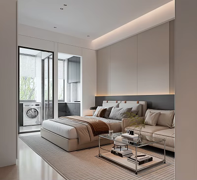 Modern Apartment Interior With Bed Sofa And Glass Coffee Table 3d model