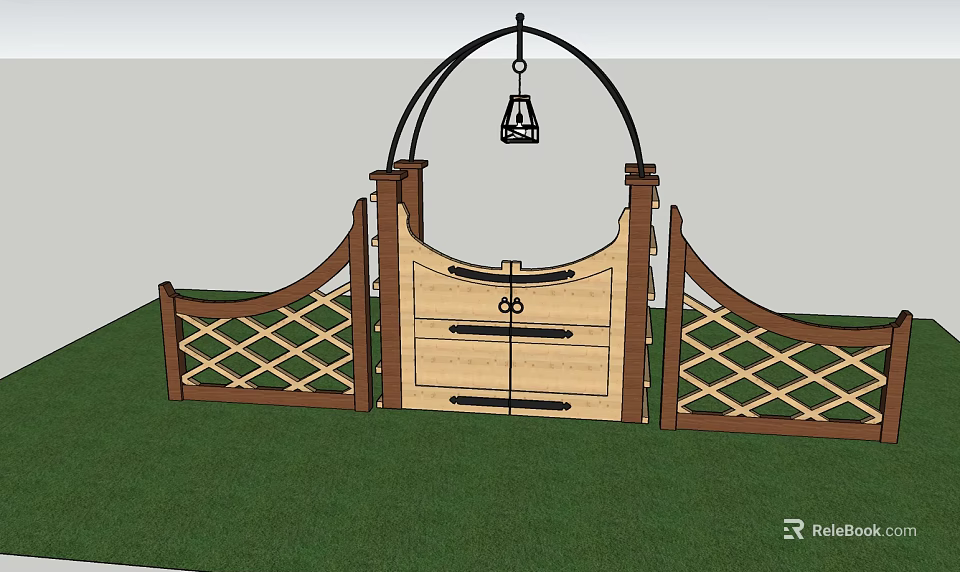 Wooden Double Door Gate With Arched Top And Lattice Side Fence 3d model 