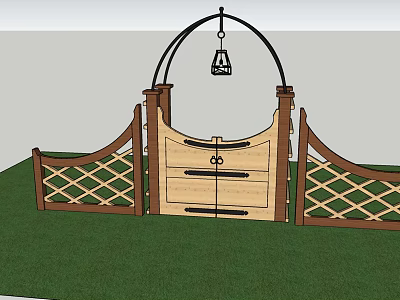 Wooden Double Door Gate With Arched Top And Lattice Side Fence 3d model