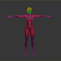 Woman in Red Bodysuit with Short Hair and Outstretched Arms Against Gray Background