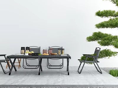 Outdoor Table With Matching Chairs Snacks Drinks On Top White Wall Green Tree Stone Floor 3d model
