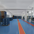 Industrial Workshop Interior With Equipment Shelves Workbenches Blue Floor And Red Lines